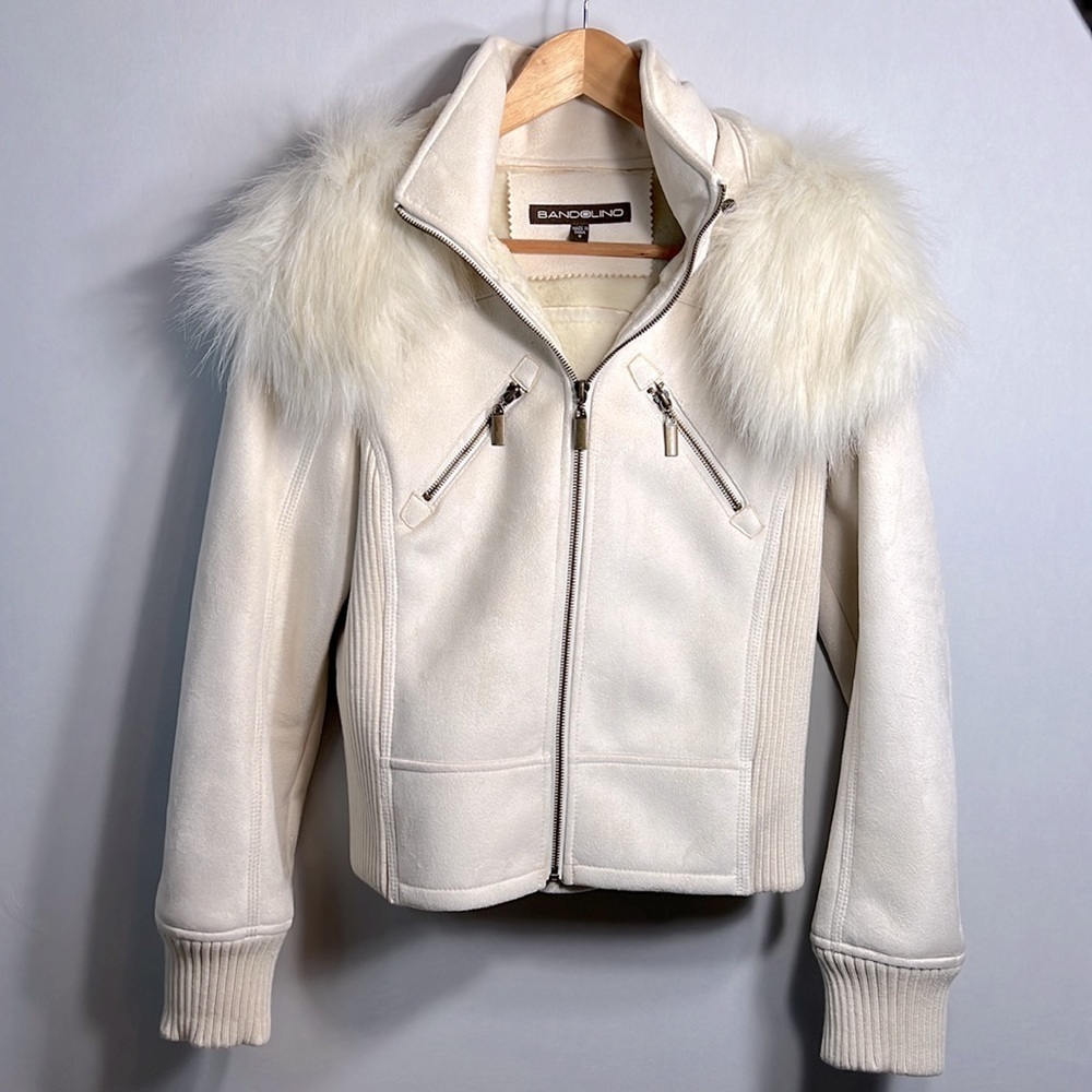 Bandolino Hooded Jacket with Faux Fur/Suede in Cream size S NWOT